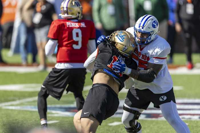 Jan 30, 2024; Mobile, AL, USA; National offensive lineman Kingsley Suamataia of Byu (55) battles National edge Laiatu Latu of Ucla (15) during practice for the National team at Hancock Whitney Stadium. Mandatory Credit: Vasha Hunt-USA TODAY Sports  